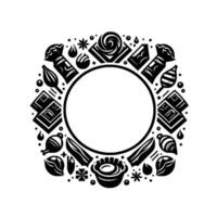Black and white circle frame with various sweets and dessert illustrations creating a decorative border. vector