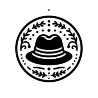 A stylized black fedora hat encircled by a dotted line and adorned with foliate details, embodying classic elegance and simple design. vector