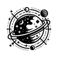 Celestial Black White Illustration A Stylized Planet Surrounded by Rings, Stars, Moons, and Cosmic Elements within a Circular Frame vector
