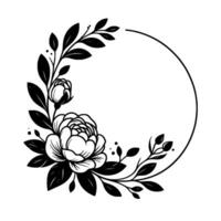Elegant Black and White Floral Wreath with Peonies, Leaves, and Buds Bordering a Circle Frame on a White Background. vector