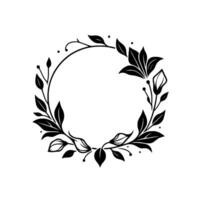 Elegant Circular Floral Frame with Black Leaves and Buds, Minimalist on White Background for Invitations Branding. vector