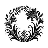 Elegant Black and White Floral Wreath Lilies, Vines, and Decorative Elements in a Circular Arrangement on a White Backdrop. vector