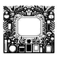 Elegant Black and White Perfume Bottle Border with Floral Accents and Empty Center Frame for Branding or Text. vector