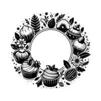 Black and White Circular Featuring Cupcakes, Flowers, and Berries Forming a Wreath Around a Blank Circular Space for Text or Logos. vector