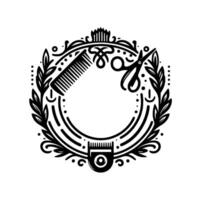 Barber Shop Emblem A stylized, black and white circular featuring a comb, scissors, clippers, and laurel leaves, perfect for branding. vector
