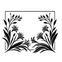 Symmetrical Black and White Floral Border Design, Flourishes with Leaves, Flowers, and Buds Within Rectangular Frame. vector