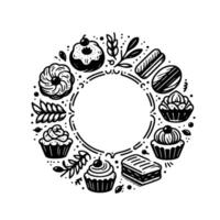 Black and white illustrated circular frame with various pastries and decorative botanical elements, creating a whimsical and elegant foodthemed design. vector