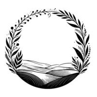 Rustic Circular Composition A stylized black and white illustration features a floral wreath framing a rolling landscape of fields and hills. vector