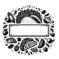 Artistic Circular Monochrome Taco Featuring Food Elements and Customizable Text Area. vector
