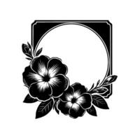 Intricate black and white floral featuring two hibiscuslike blossoms flanking a blank circular frame within a rectangular border. vector