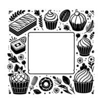 Decorative black and white frame featuring cakes, pastries, and botanical elements surrounding a blank rectangle for text or image insertion. vector