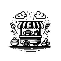 A charming monochrome illustration of a street food cart with tea set, dessert, and stylized elements, set against a backdrop of whimsical clouds and stars. vector