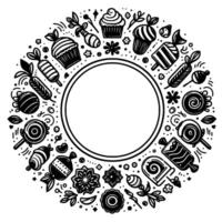 A Black and White Circular Illustration of Candies and Treats Forming a Decorative Frame Around a Blank, Round Space, Perfect for Text. vector
