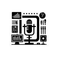 Minimalist Black Podcasting Studio Setup Microphone, Audio Equipment, and Time Clock in a Clean Design. vector