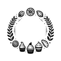 Black and White Bakery Wreath Cupcakes, Pastries, and Foliage in Circular Frame, Style. vector