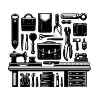 A depiction of a leatherworkers workbench, showcasing tools and bags in a clean, organized layout. vector