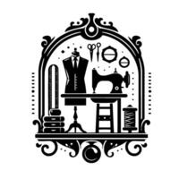 Elegant Tailors Workshop Icon Silhouette of Sewing Machine, Dress Form, Tools Spools within Decorative Frame. vector