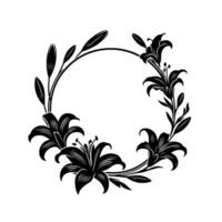 Elegant Black Lily Floral Wreath Design, Featuring Blooming Lilies and Leafy Stems, Forming a Circular Frame on a Light Background, Perfect for Invitations and Decorations. vector