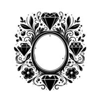 Intricate Black and White Floral Frame with Diamonds, Delicate Vines, and a Central Oval Space, Perfect for Elegant Designs. vector
