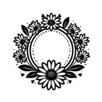Minimalist Black and White Floral Wreath with Daisies, Leaves and Hearts Surrounding an Empty Circle, a Decorative Border, and a Clean Design. vector
