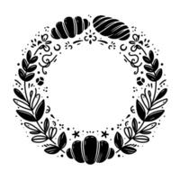 Black and White Wreath with Floral Elements, Croissants and a Pastry, perfect for invitations or decorations with a minimalist and elegant design. vector