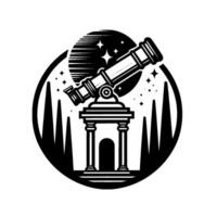 A Stylized Observatory View Telescope on Classic Pedestal, Moon, Stars, and Forest Silhouette in Black and White Circle Frame. vector
