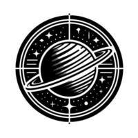 Black and White Illustration of a Planet with Rings, Stars, and a Compasslike Frame, Abstract and Minimalist Style, Spacethemed vector