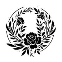 Intricate Black and White Floral Wreath Featuring Roses, Leaves, and Decorative Elements, Encased Within a Circular Frame on a Clean White Background. vector