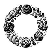 Illustration of a Circular Bakery Border Featuring Pastries, Cupcakes, and Floral Elements in a Monochrome Style. vector