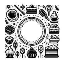 Monochrome Food Icons Arranged Around a Dotted Circle, Illustrating Baking, Sweets, and Culinary Elements. vector