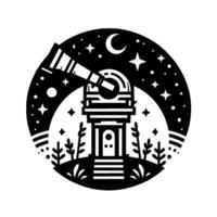 Circular Illustration of a Telescope and Observatory Under a Night Sky with Crescent Moon and Stars, Geometric Design. vector