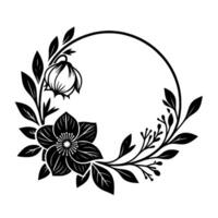 Black and White Floral Wreath Illustration with a Circular Frame, Featuring Detailed Flower and Leaf Outlines on a White Backdrop. vector