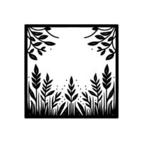Black and white symmetrical square illustration of stylized wheat, leaves, and grass, creating a natureinspired border design. vector