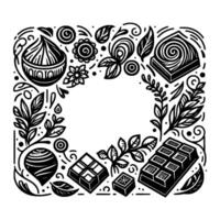 Intricate Black and White Line Art Frame Featuring Floral Elements, Chocolate Treats, and Swirls, with a Central Open Space. vector