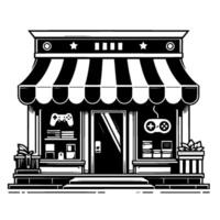 Illustration of a Retro Game Storefront, Featuring Controller Icons, Striped Awning, and Simple Black and White Design. vector