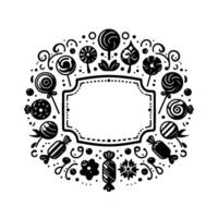 Whimsical black and white candy frame with empty space for text, adorned with lollipops, candies, and decorative swirls, creating a sweet and playful element. vector