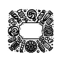 Monochrome candy frame illustration featuring various sweets surrounding a blank, ornamented, rectangular space. vector