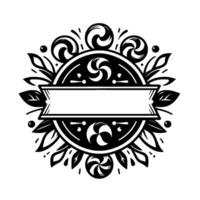 Elegant Black and White Emblem Decorative Floral and Swirl Design, with Central Banner, Ideal for Branding or Labels. vector