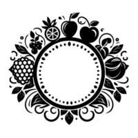 Elegant black and white floral and fruit wreath with circular frame, ideal for invitations and announcements. vector