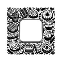 Decorative Black White Frame Bordered with Stylized Desserts, Cakes, and Pastries, with a Blank Center. vector