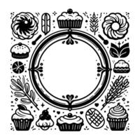 Detailed Monochrome of Bakery Elements Framing a Central Circle with Intricate Floral and Food Motifs. vector