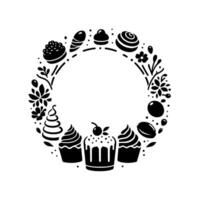 A Monochrome Circular Wreath of Bakery Delights with Cupcakes, Sweets, Berries, and Botanical Elements. vector