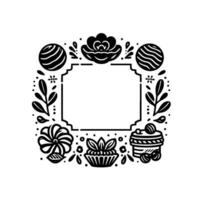 Intricate floral frame with whimsical elements like stylized flowers, leaves, and decorative spheres, ideal for elegant invitations. vector