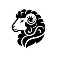 Black and White Silhouette of a Rams Head, Featuring Ornamental Curly Hair and a Decorative Horn in a Minimalist and Symbolic Style. vector
