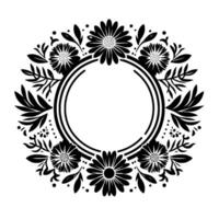 Intricate black and white floral wreath with a central circular frame, perfect for elegant invitations or decorative elements. vector