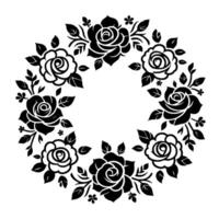 Intricate black and white floral wreath design, showcasing stylized roses, leaves, and blossoms, arranged in a circular frame on a plain white background. vector