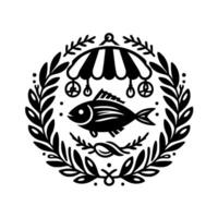Intricate blackandwhite illustration stylized fish within a laurel wreath and decorative umbrella, creating a harmonious on a white backdrop. vector