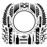 Circular Black and White Barber Shop Emblem with Styling Tools and Floral Elements, Space for Text. vector