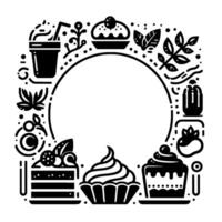Black and white illustration of a circular border adorned with assorted sweets, desserts, and stylized botanical elements. vector