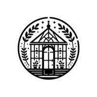Elegant Greenhouse Emblem in Black and White, Surrounded by Floral Foliage and Star Details, Circular Design. vector